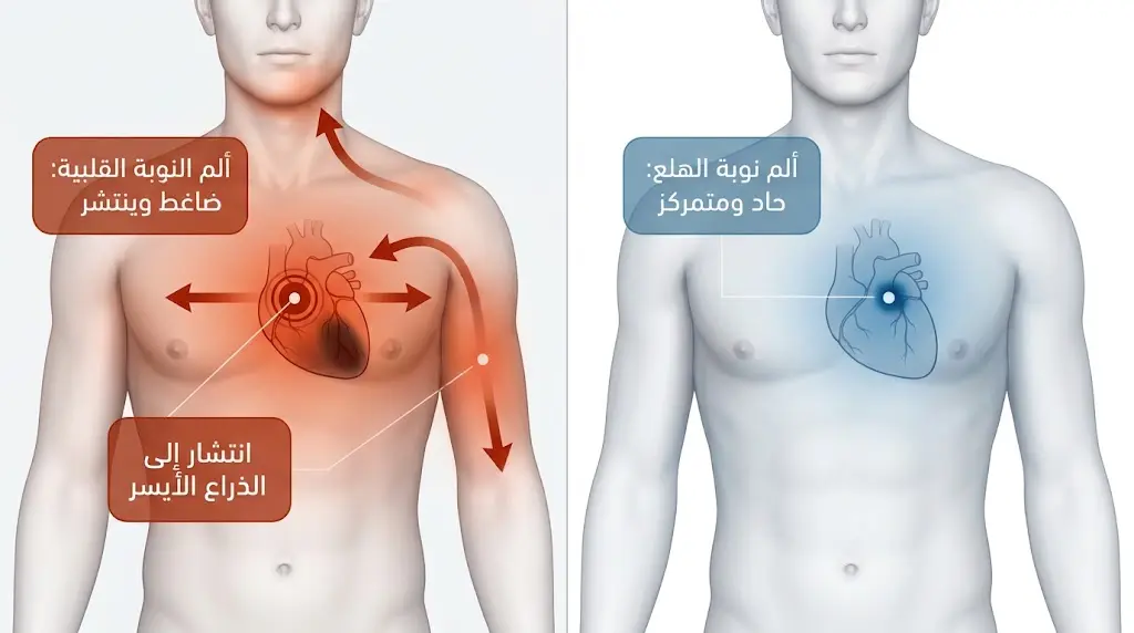 مقارنة بصرية بين موقع وطبيعة الألم في نوبة الهلع ونوبة القلب