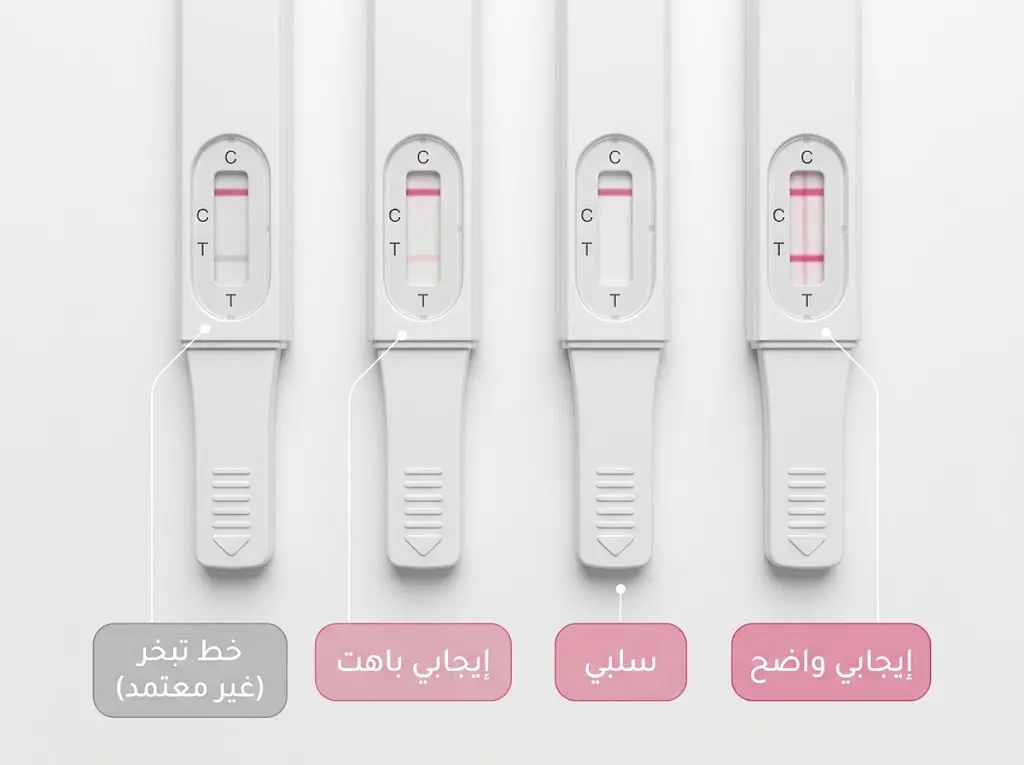 أربعة أشرطة اختبار حمل تُظهر الفرق بين النتيجة الإيجابية الواضحة والسلبية والإيجابية الباهتة وخط التبخر