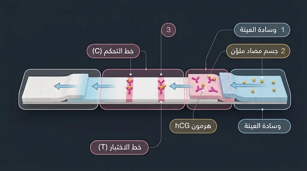 مقطع تشريحي تفصيلي يوضح آلية عمل شريط اختبار الحمل المنزلي وتدفق هرمون hCG عبر المناطق المختلفة للشريط