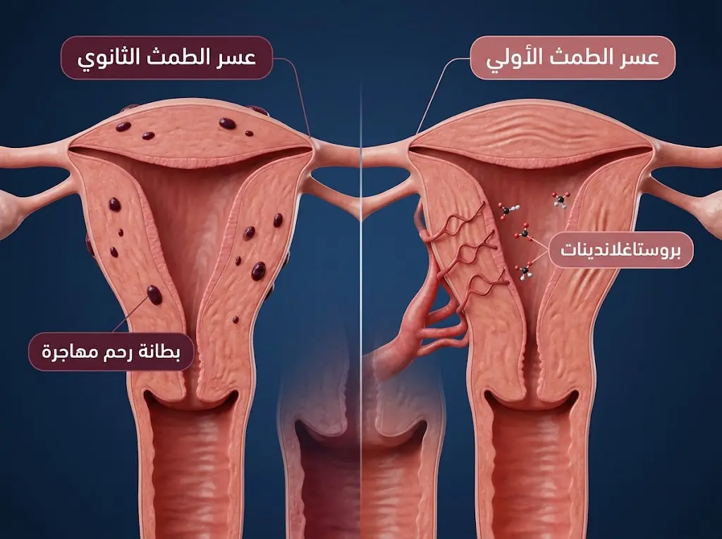 مقارنة ثلاثية الأبعاد بين عسر الطمث الأولي والثانوي مع إبراز البطانة المهاجرة