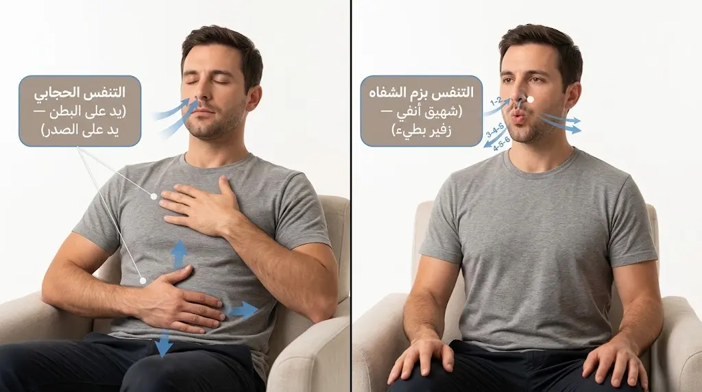 صورة واقعية تُظهر تقنيتي التنفس الحجابي وزم الشفاه لتخفيف ضيق التنفس غير الطارئ