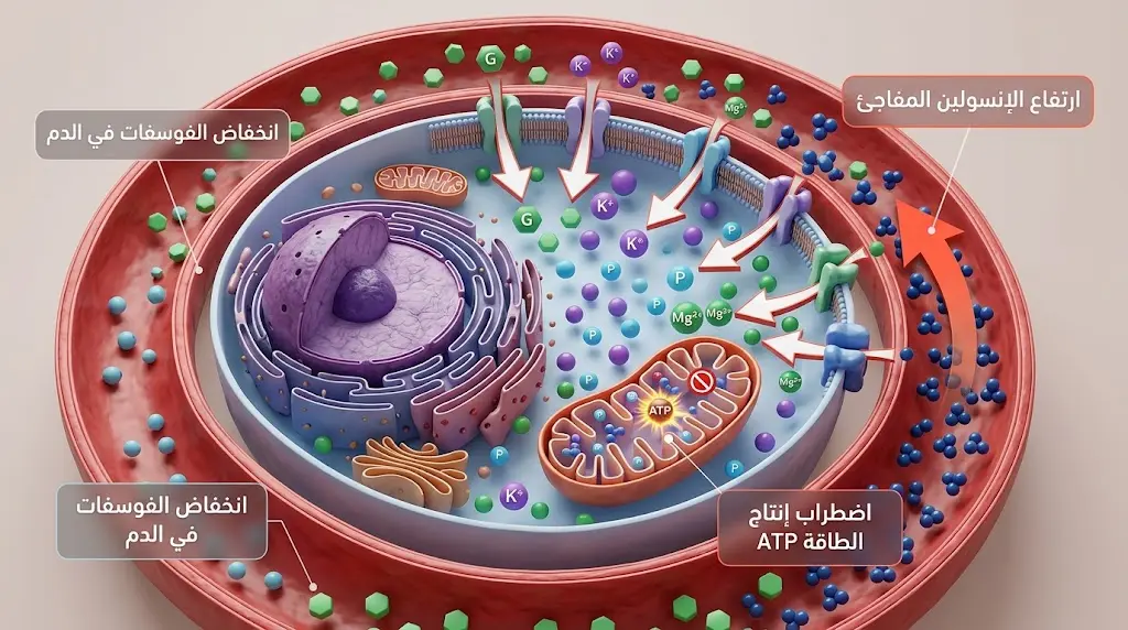 رسم طبي يوضح آلية متلازمة إعادة الإطعام على مستوى الخلية