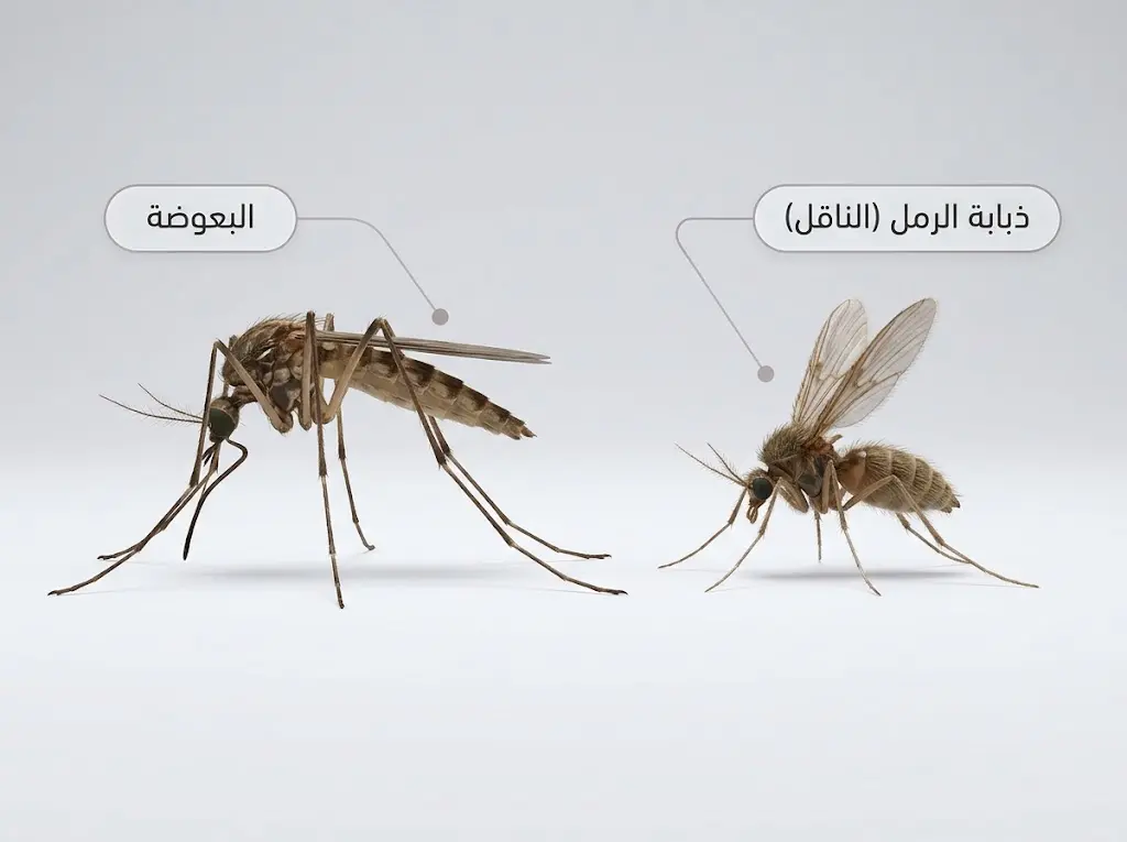 مقارنة الحجم والشكل بين ذبابة الرمل والبعوضة العادية