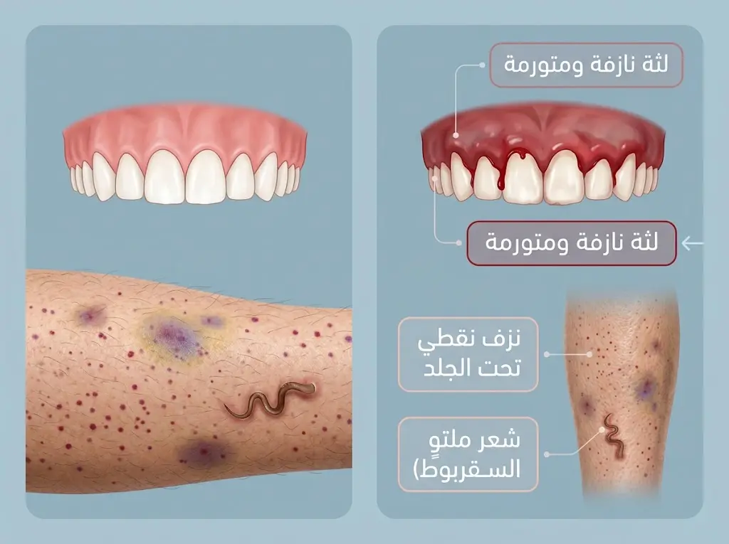 رسم طبي تعليمي يوضح العلامات السريرية لمرض السقربوط تشمل التهاب اللثة والنزف الجلدي والشعر الملتوي