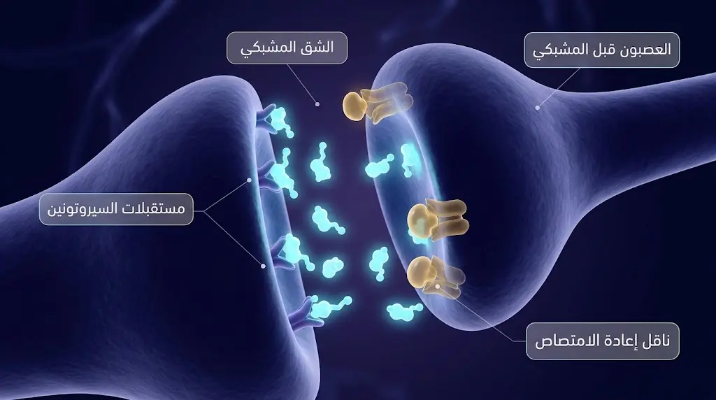 رسم ثلاثي الأبعاد يُوضّح آلية عمل مثبطات إعادة امتصاص السيروتونين الانتقائية على مستوى الشق المشبكي