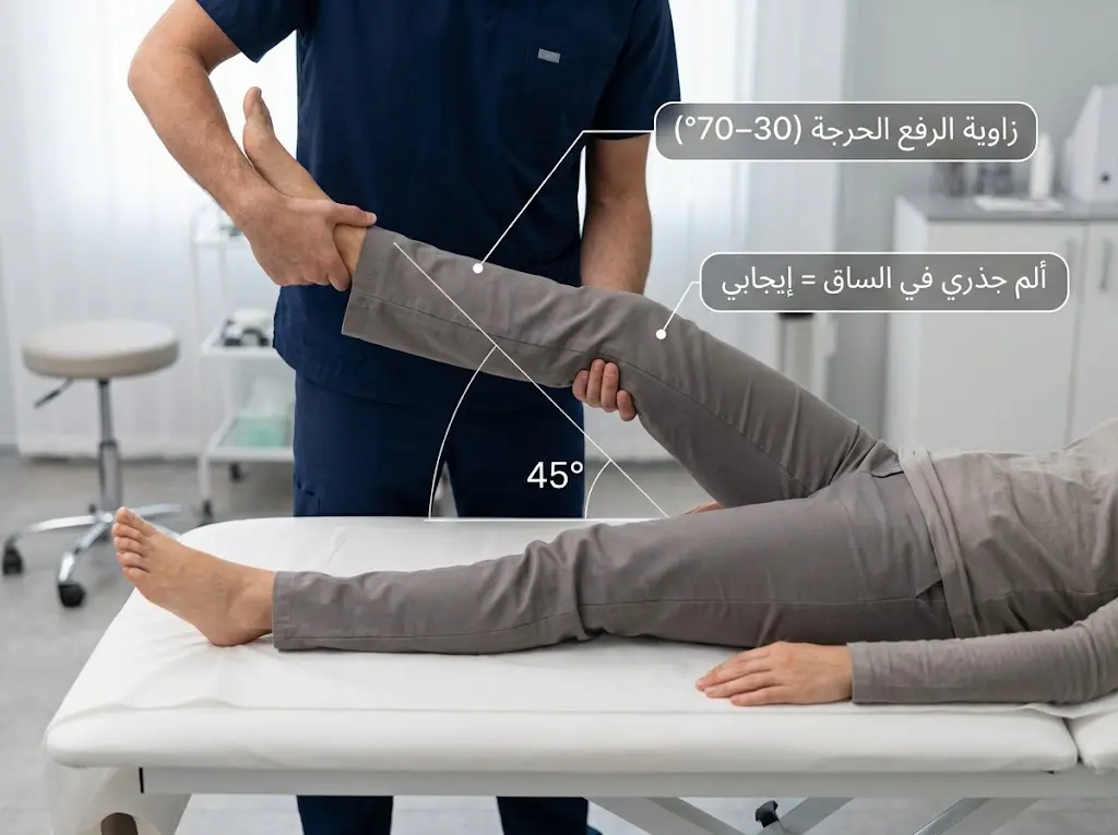 طبيب يُجري فحص رفع الساق المستقيمة لتشخيص الضغط على جذر العصب القطني