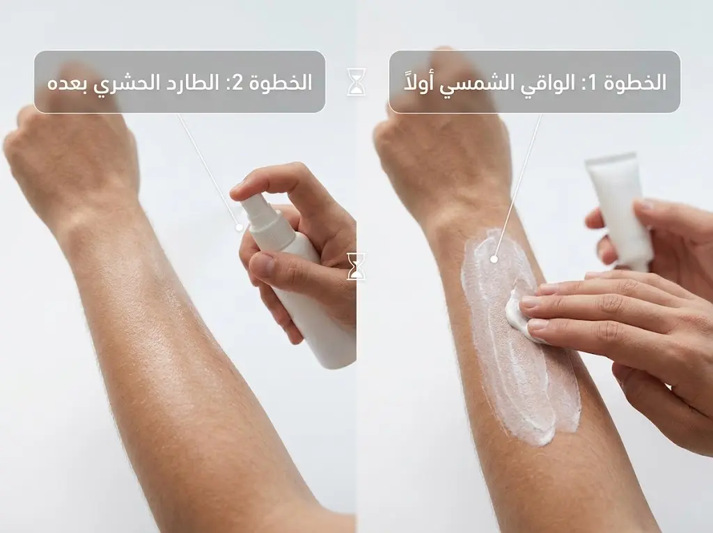 خطوات تطبيق الواقي الشمسي قبل الطارد الحشري بالترتيب الصحيح