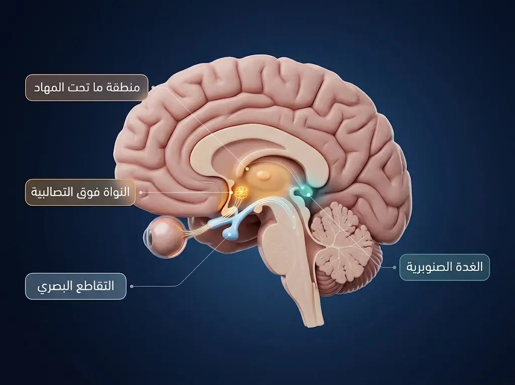 تشريح ثلاثي الأبعاد يُظهر النواة فوق التصالبية في الدماغ البشري وموقعها فوق التقاطع البصري
