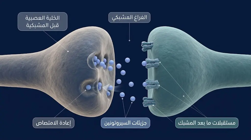 رسم ثلاثي الأبعاد للمشبك العصبي يُظهر إفراز السيروتونين وآلية إعادة امتصاصه