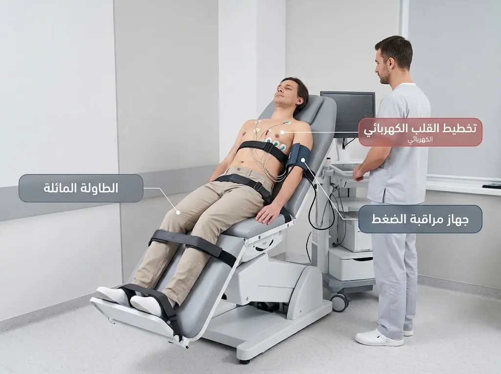 مريض يخضع لاختبار الطاولة المائلة في عيادة قلب متخصصة لتشخيص انخفاض ضغط الدم الانتصابي