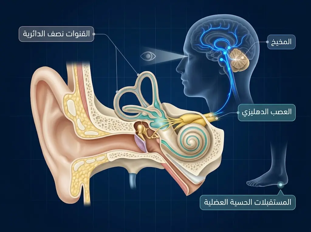 رسم طبي تشريحي ثلاثي الأبعاد يُظهر الجهاز الدهليزي في الأذن الداخلية ومساراته العصبية إلى المخيخ