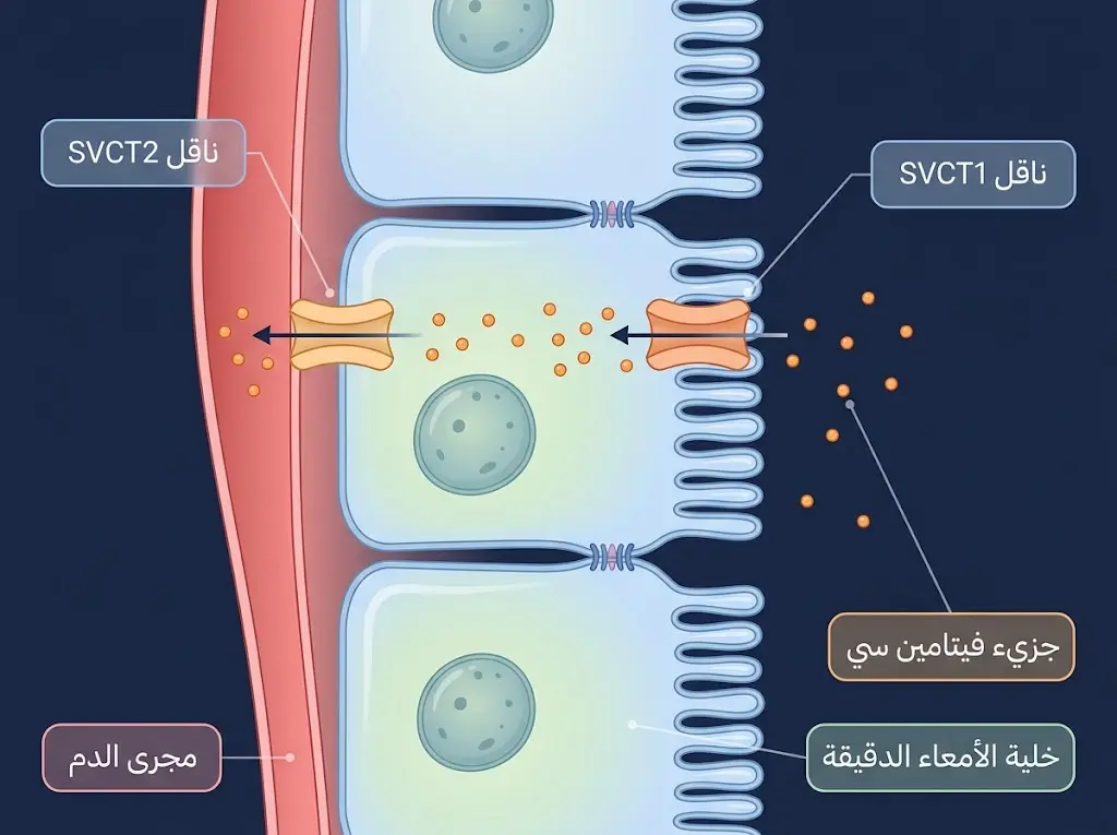 رسم طبي دقيق يوضح آلية امتصاص فيتامين سي في الأمعاء الدقيقة عبر الناقلين SVCT1 وSVCT2
