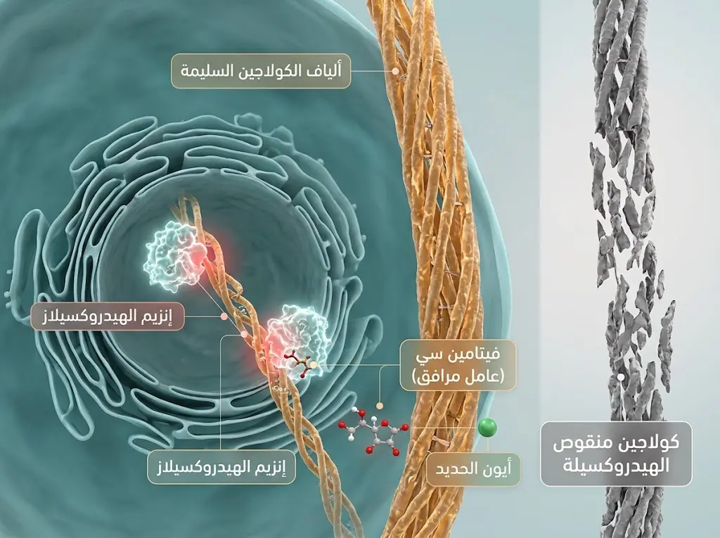 رسم ثلاثي الأبعاد يوضح دور فيتامين سي كعامل مرافق لإنزيمات الهيدروكسيلاز في بناء ألياف الكولاجين ومقارنتها بالكولاجين الضعيف في حالة النقص