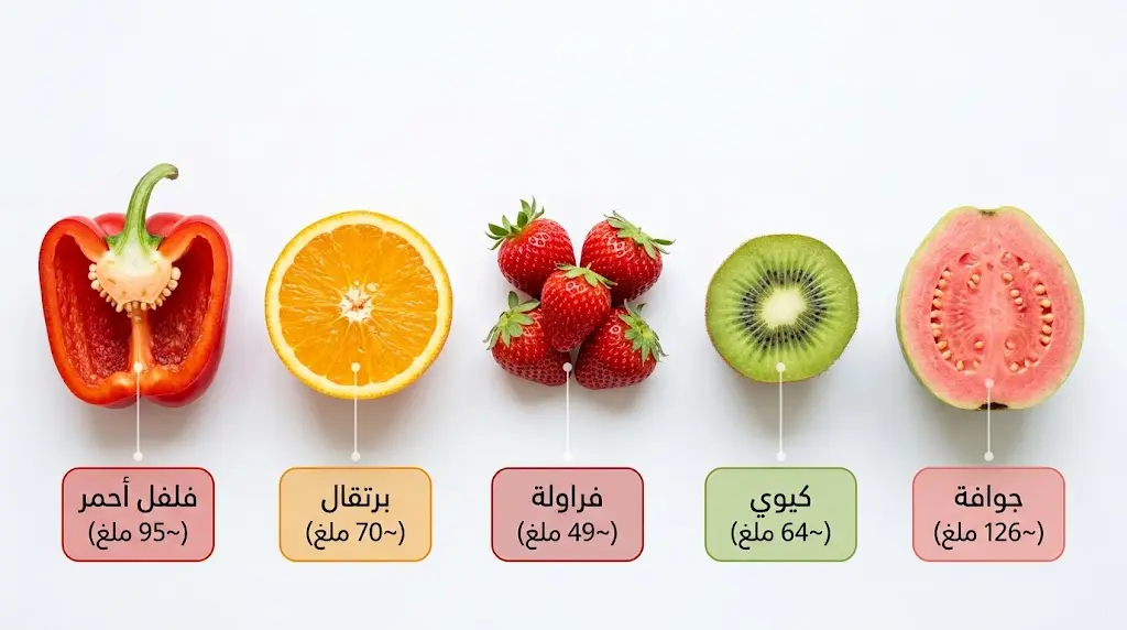 مقارنة بصرية بين أغنى الفواكه بفيتامين سي تشمل الجوافة والكيوي والفراولة والبرتقال والفلفل الأحمر مع كمية الفيتامين في كل منها