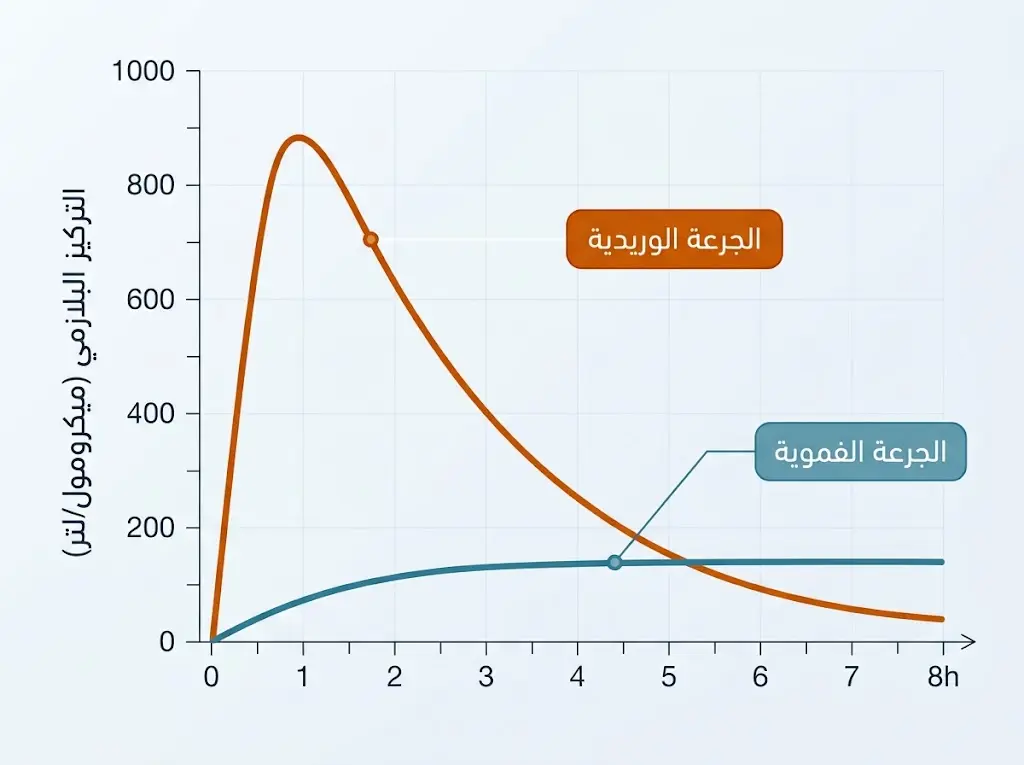 رسم بياني طبي يقارن منحنيات التركيز البلازمي لفيتامين سي بعد الجرعة الفموية والوريدية ويوضح الفارق الكبير في الذروة البلازمية