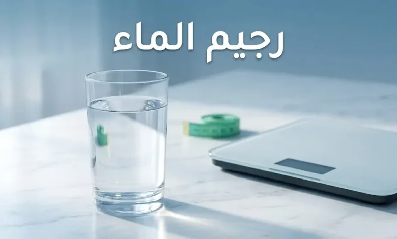 كوب ماء زجاجي شفاف بجانب ميزان طبي حديث يعبر عن مفهوم رجيم الماء