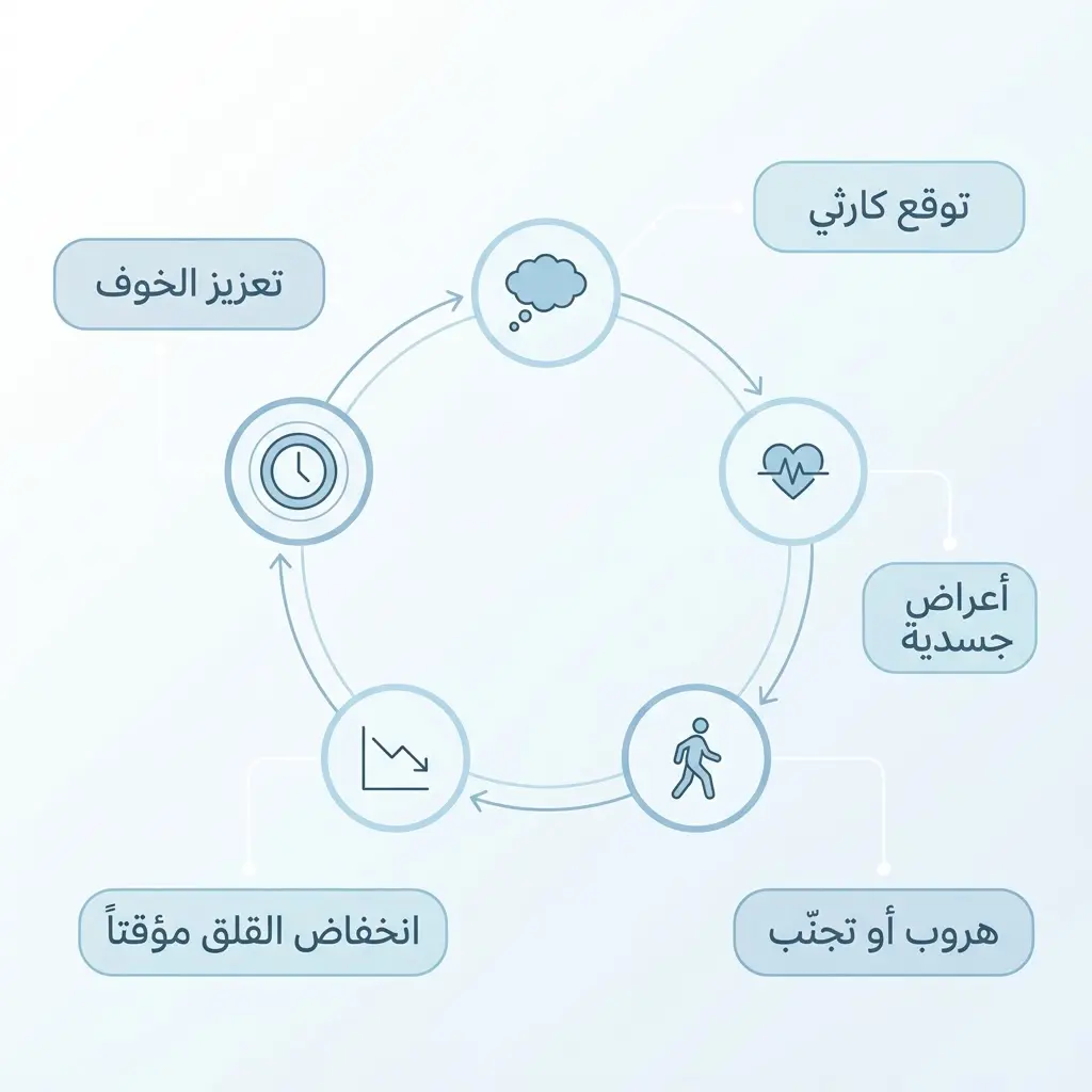 مخطط دائري يوضح حلقة التجنب في رهاب الخلاء من التوقع الكارثي إلى الهروب ثم تعزيز الخوف