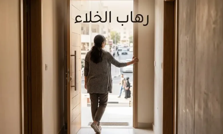 رجل يتردد عند باب منزله خائفاً من الخروج إلى الشارع المزدحم كتعبير بصري عن رهاب الخلاء