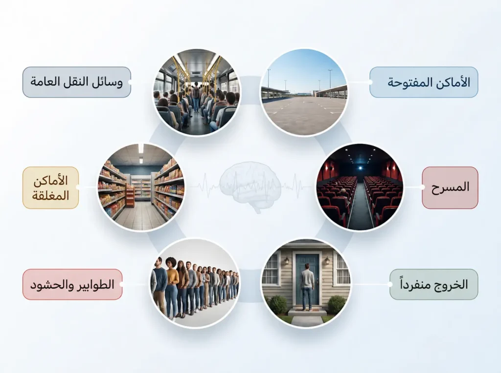 رسم توضيحي يجمع المواقف الخمسة المثيرة لرهاب الخلاء من نقل عام وأماكن مفتوحة ومغلقة وحشود وخروج منفرد