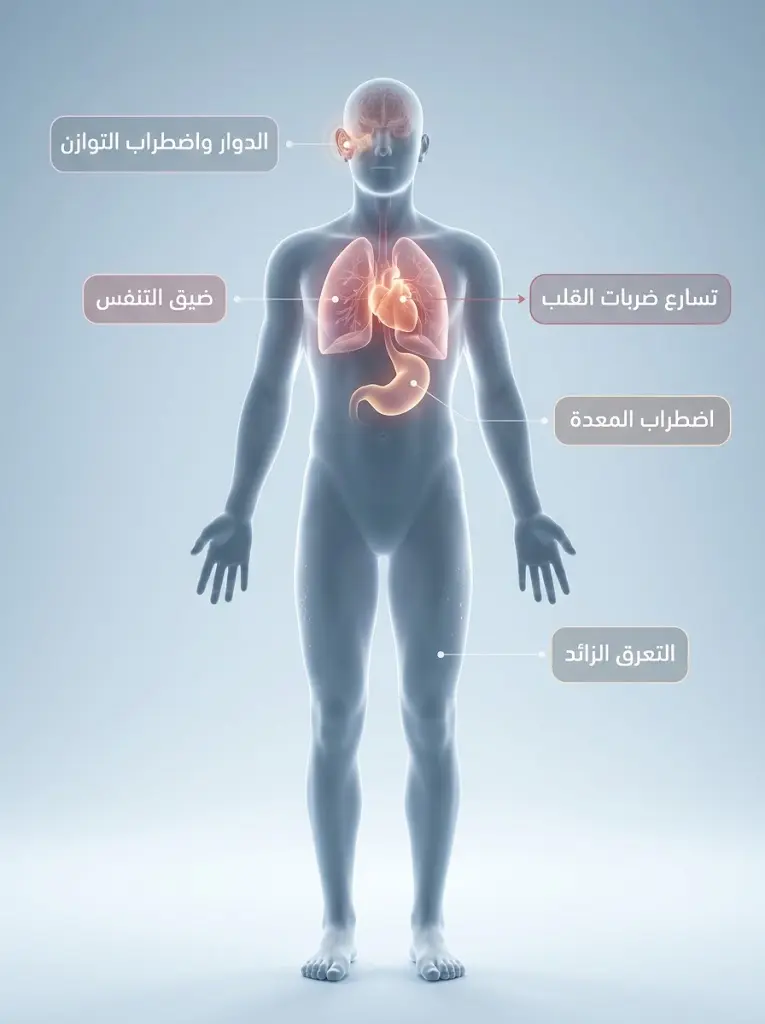 رسم ثلاثي الأبعاد لجسم الإنسان يوضح الأعراض الجسدية المصاحبة لنوبات رهاب الخلاء مثل تسارع القلب وضيق التنفس والدوار