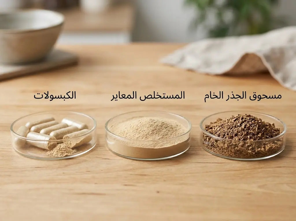 الفرق بين مسحوق جذر الأشواغندا الخام والمستخلص المعاير والكبسولات