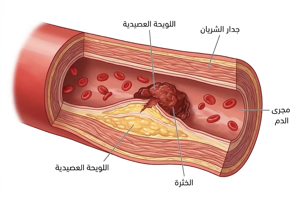مقطع عرضي لشريان تاجي يوضح تمزق لويحة عصيدية وتكون خثرة دموية تسد مجرى الدم