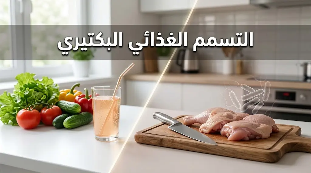 صورة غلاف توضح مفهوم التسمم الغذائي البكتيري عبر مقارنة بين طعام نيء وطعام آمن