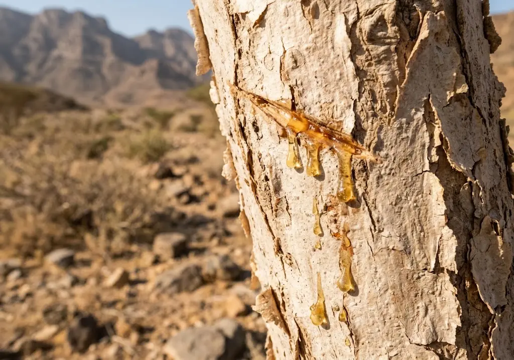  لحاء شجرة البوسويليا وهو يفرز قطرات راتنج لبان الذكر الطبيعية بعد الجرح.