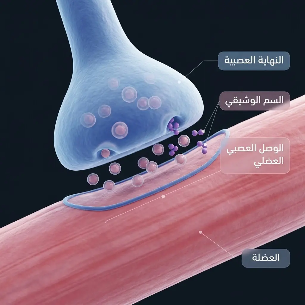 رسم ثلاثي الأبعاد يوضح كيف يمنع السم الوشيقي انتقال الإشارة العصبية إلى العضلة