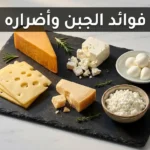 ستة أنواع مختلفة من الجبن مرتبة باحترافية على لوح أردوازي تعبيراً عن تنوع فوائد الجبن وأضراره حسب النوع والكمية