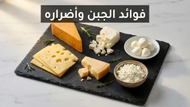 ستة أنواع مختلفة من الجبن مرتبة باحترافية على لوح أردوازي تعبيراً عن تنوع فوائد الجبن وأضراره حسب النوع والكمية