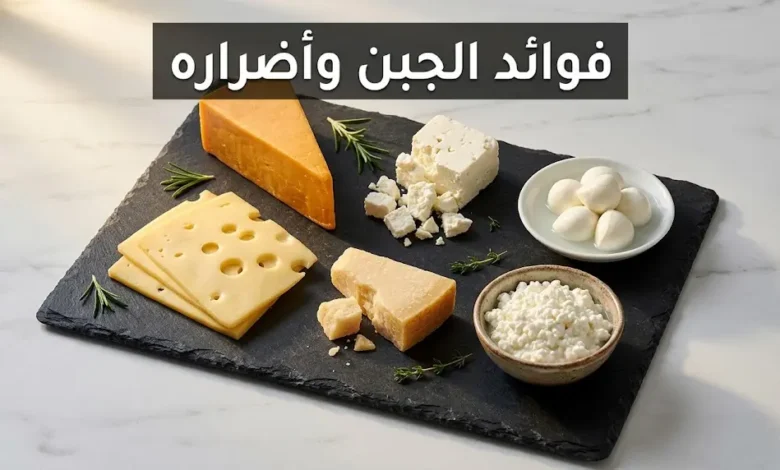 ستة أنواع مختلفة من الجبن مرتبة باحترافية على لوح أردوازي تعبيراً عن تنوع فوائد الجبن وأضراره حسب النوع والكمية