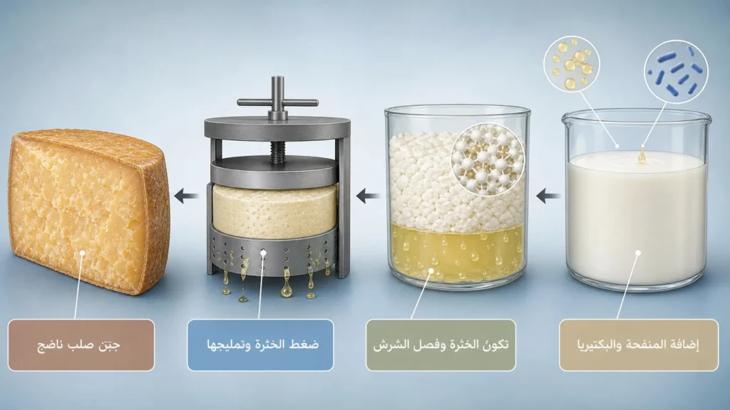 رسم علمي يوضح المراحل الأربع لتصنيع الجبن من إضافة المنفحة إلى الجبن الصلب الناضج 