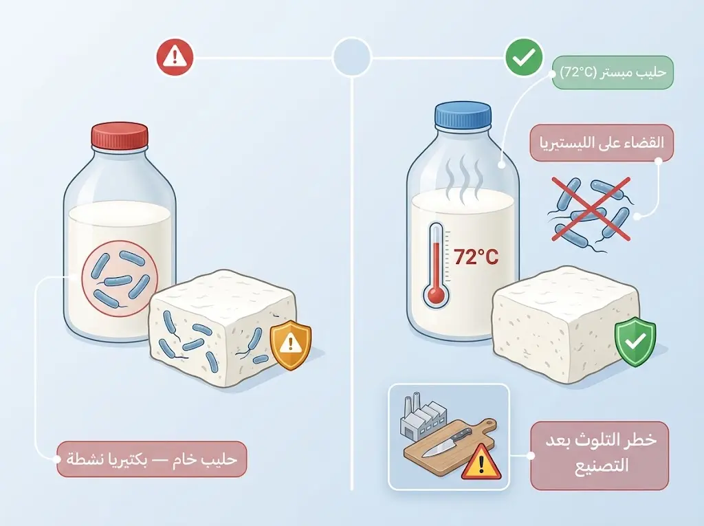 رسم علمي يقارن بين الحليب المبستر وغير المبستر من حيث خطر بكتيريا الليستيريا في الجبن 