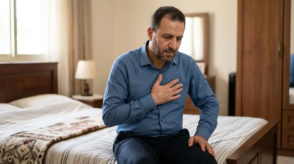 شخص يضع يده على صدره كعلامة تحذيرية لألم الصدر يستدعي تقييماً طبياً عاجلاً