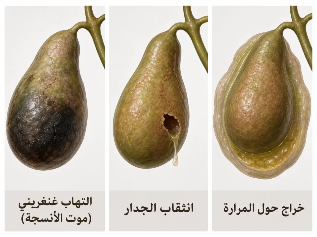 رسم يوضح ثلاث مضاعفات خطيرة لالتهاب المرارة غير المعالج: الغرغرينا والانثقاب والخراج