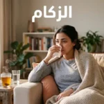شخص بالغ يعاني من أعراض الزكام جالساً في المنزل مع منديل وكوب شاي دافئ