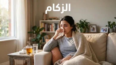 شخص بالغ يعاني من أعراض الزكام جالساً في المنزل مع منديل وكوب شاي دافئ
