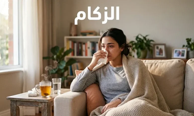 شخص بالغ يعاني من أعراض الزكام جالساً في المنزل مع منديل وكوب شاي دافئ