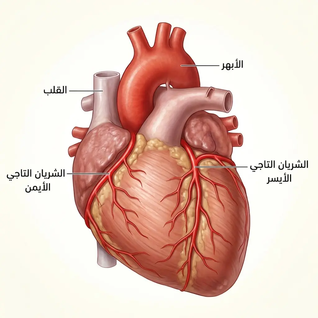 رسم تشريحي يوضح الشرايين التاجية اليمنى واليسرى المتفرعة من الأبهر لتغذية عضلة القلب