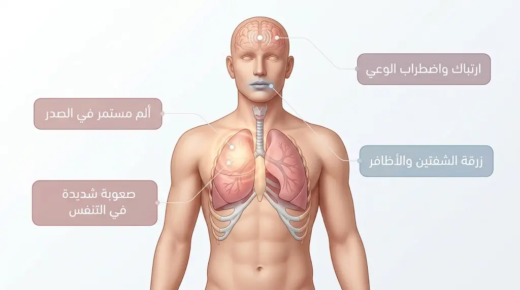رسم يوضح العلامات التحذيرية الطارئة للإصابة الشديدة بكوفيد-19 التي تتطلب تدخلاً إسعافياً.