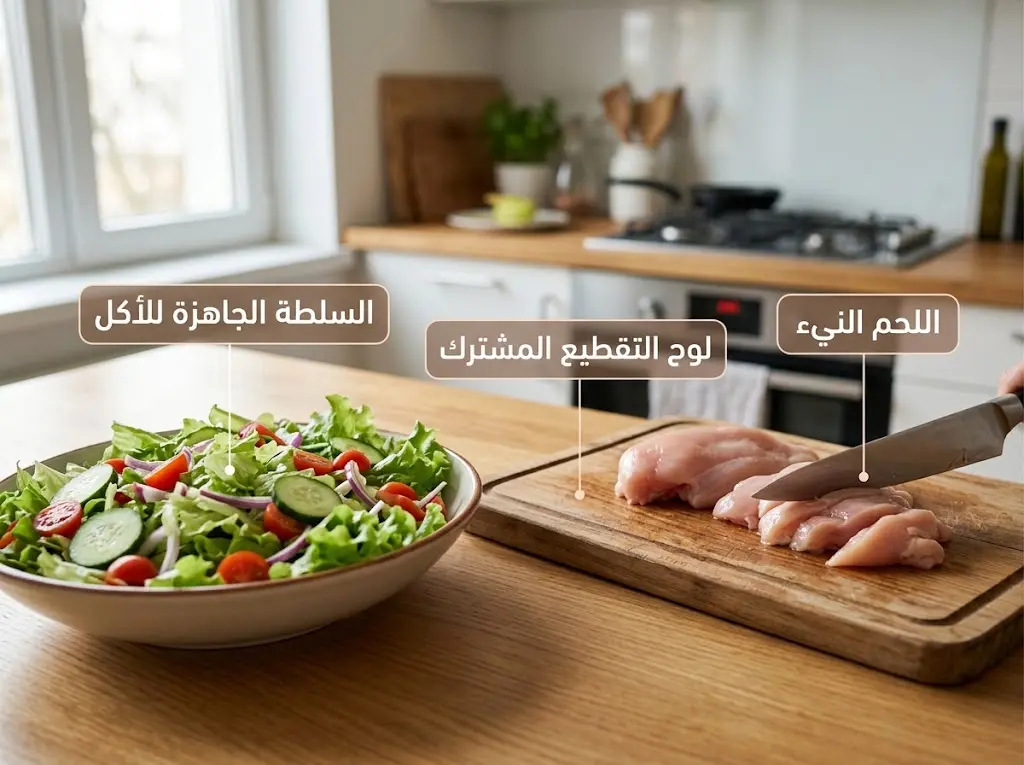 صورة توضح خطر التلوث المتبادل بين اللحم النيء والطعام الجاهز للأكل في المطبخ