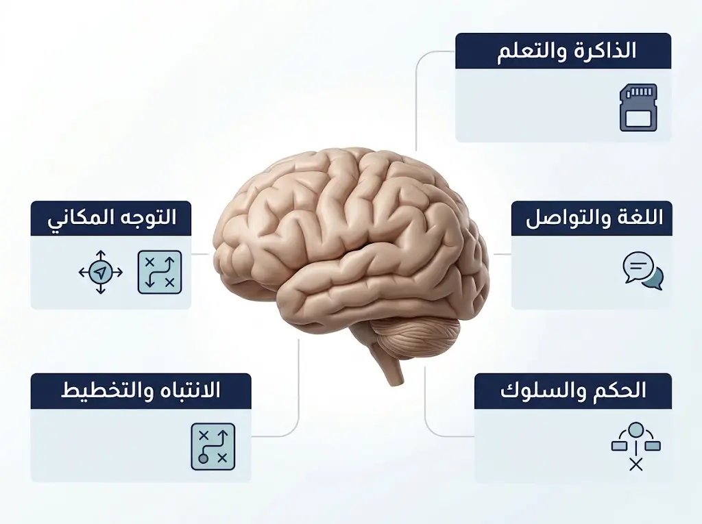 رسم توضيحي للوظائف المعرفية والسلوكية التي قد تتأثر بالخرف، بما فيها الذاكرة واللغة والانتباه والتوجه المكاني.