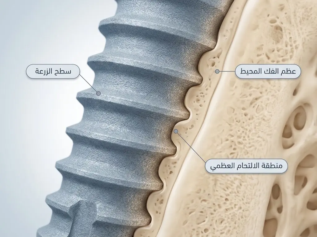 رسم توضيحي مقرّب يبيّن الالتحام العظمي، وهو الاتصال المباشر بين سطح زرعة الأسنان وعظم الفك الحي