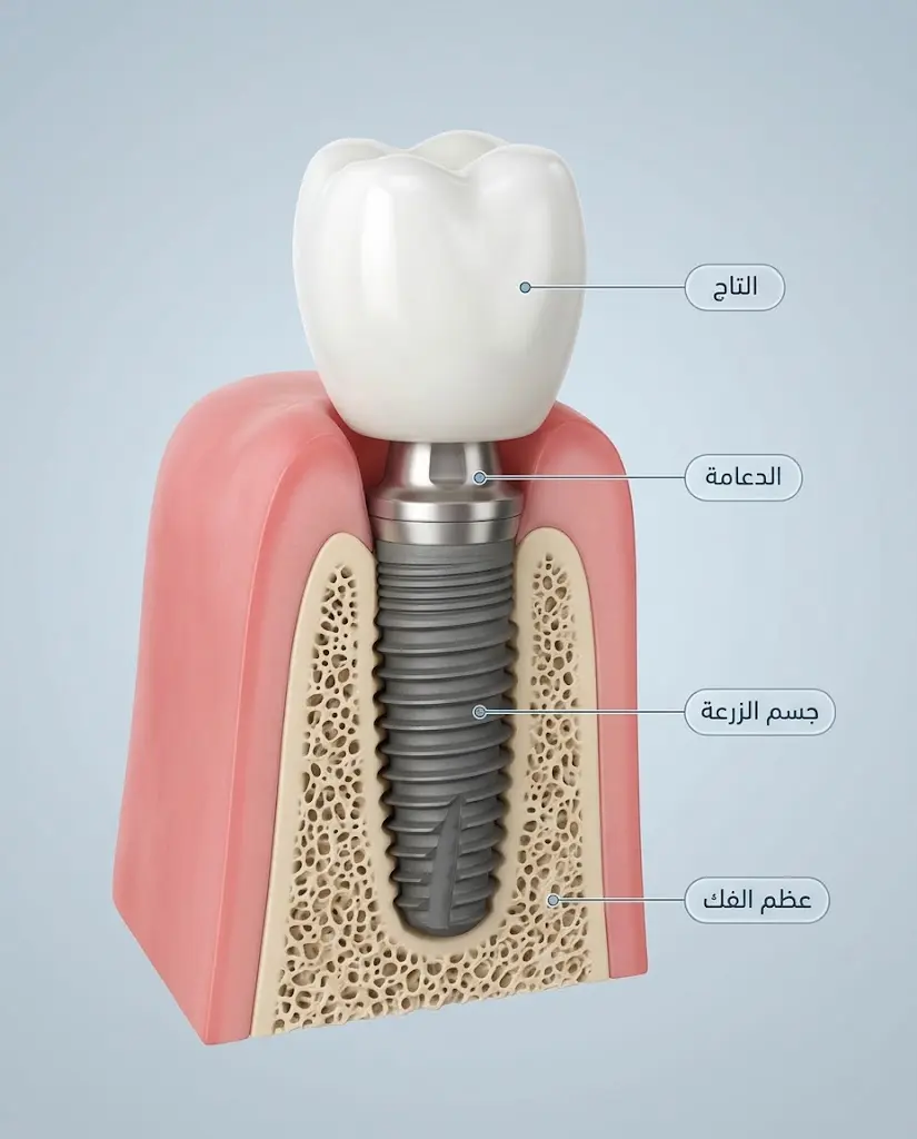 رسم توضيحي يبيّن أجزاء زراعة الأسنان الثلاثة: التاج والدعامة وجسم الزرعة داخل عظم الفك