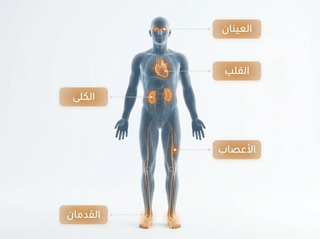 رسم تشريحي يوضح الأعضاء المتأثرة بمضاعفات مرض السكري المزمنة