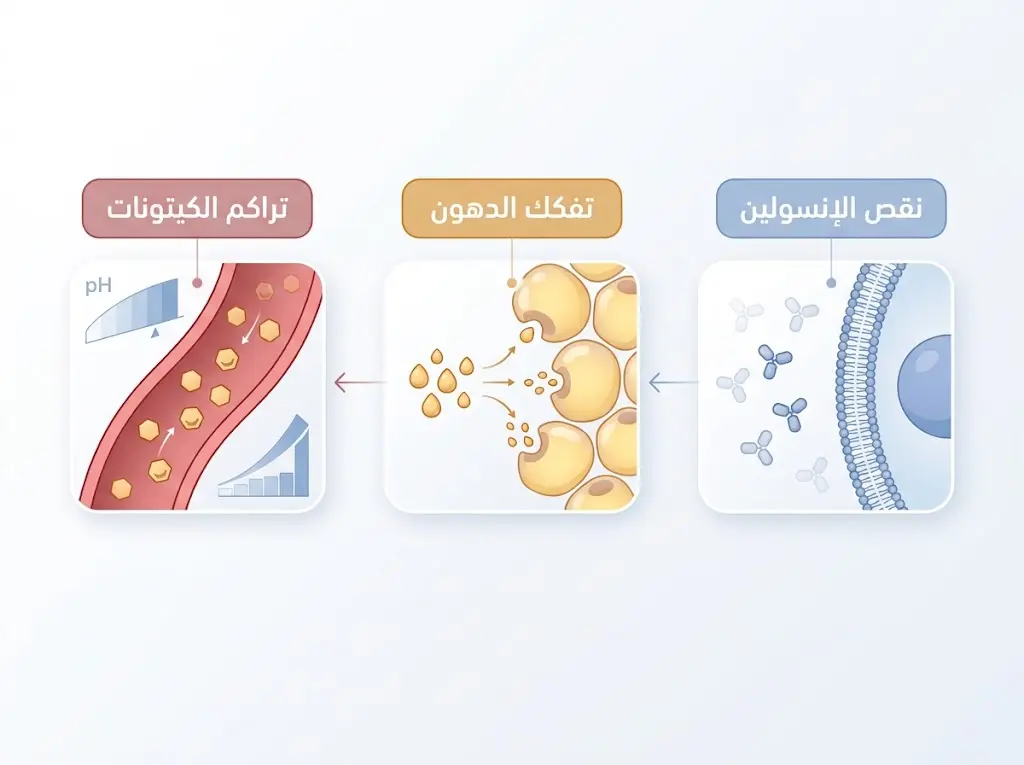 مخطط يوضح آلية حدوث الحماض الكيتوني السكري خطوة بخطوة
