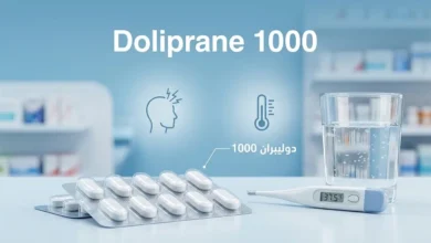 غلاف مقالة دوليبران 1000 يظهر أقراص الباراسيتامول بتركيز 1000 ملغ مع ميزان حرارة وكوب ماء