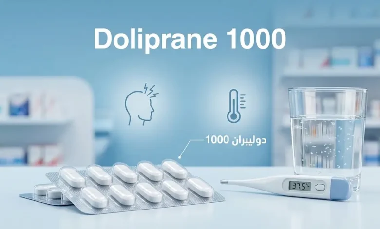 غلاف مقالة دوليبران 1000 يظهر أقراص الباراسيتامول بتركيز 1000 ملغ مع ميزان حرارة وكوب ماء