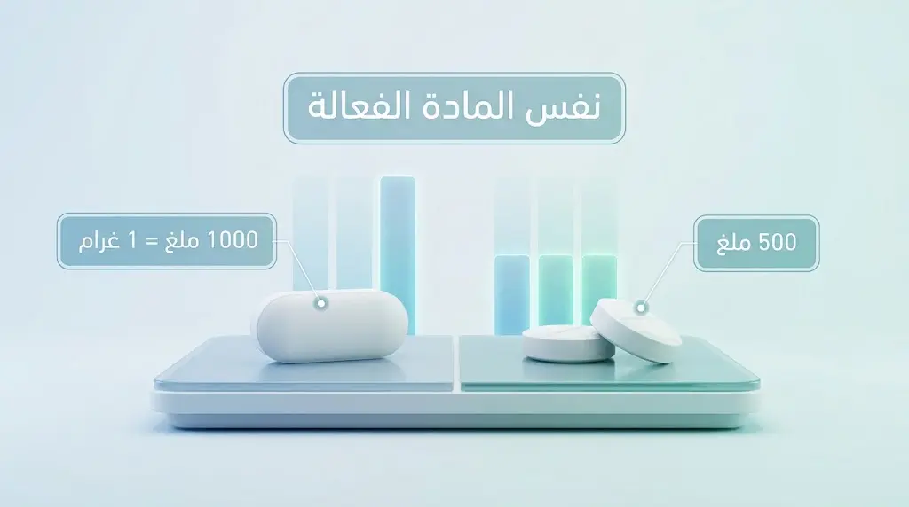 بالعربية: رسم تعليمي ثلاثي الأبعاد يقارن قرص 1000 ملغ بقرصين 500 ملغ ويوضح أنهما نفس المادة الفعالة بكمية مختلفة